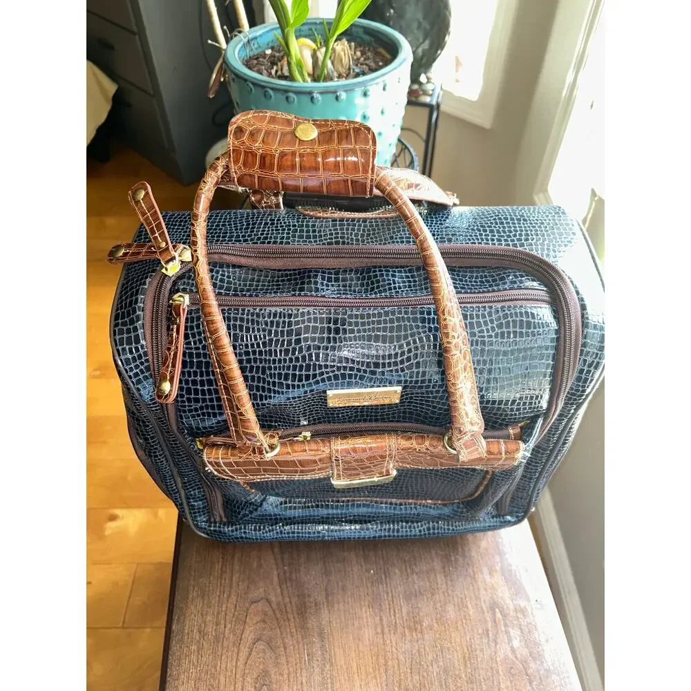 New Samantha Brown blue croc rolling carry-on luggage suitcase & toiletry bag